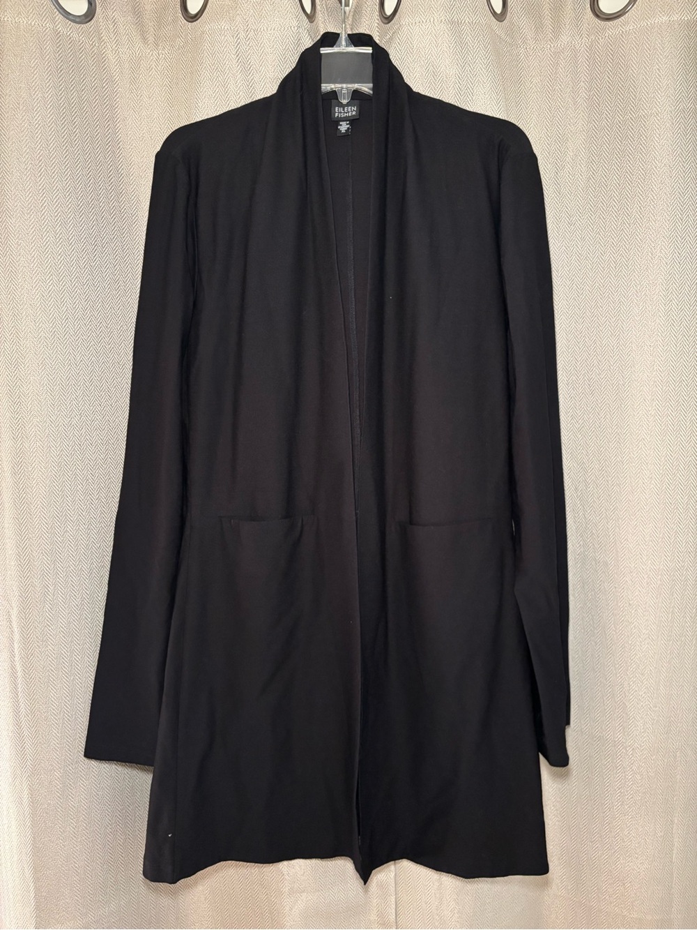 Eileen Fisher 100% Linen Black Open Front Long Cardigan Duster with Pockets
